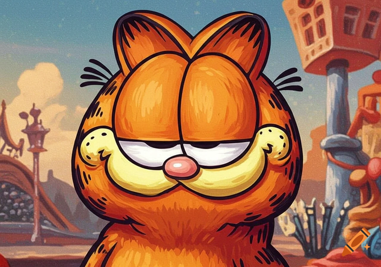 Cartoon painting of Garfield the orange cat with a smug expression against a whimsical, abstract background.