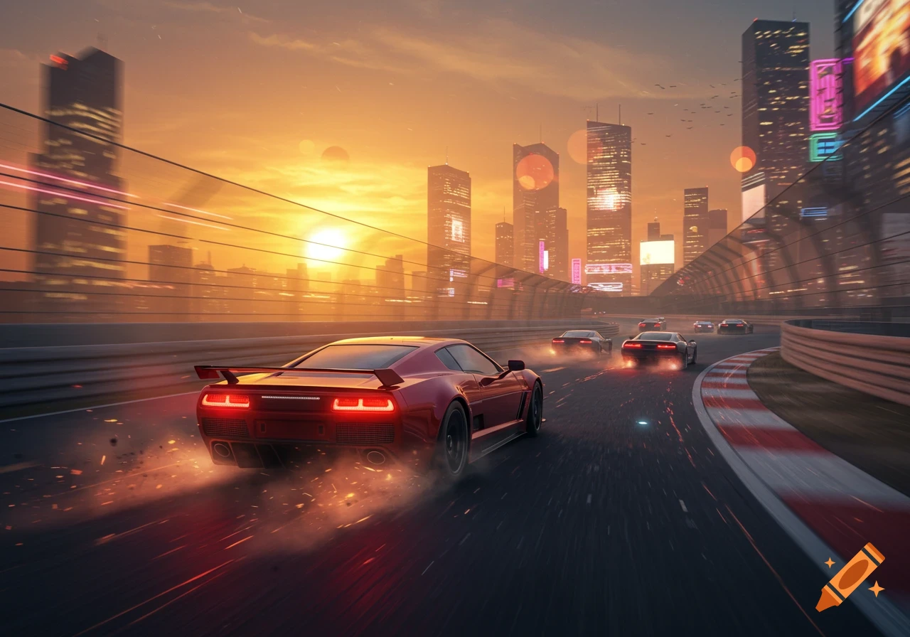 Red sports cars race on a track at sunset, with a vibrant futuristic city skyline in the background.