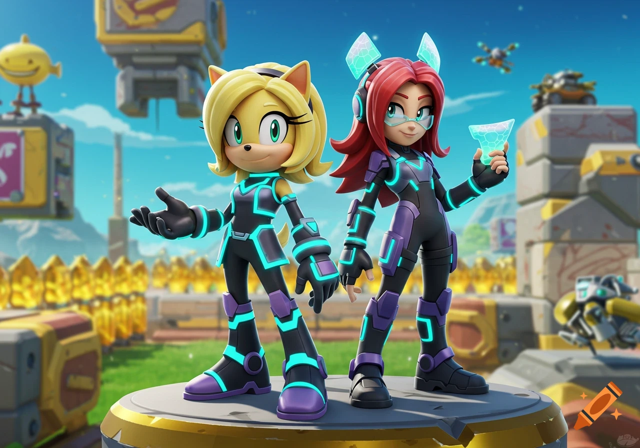 Two stylized characters, a blonde cat-like creature and a red-haired girl in futuristic suits, stand in a bright, sci-fi landscape.