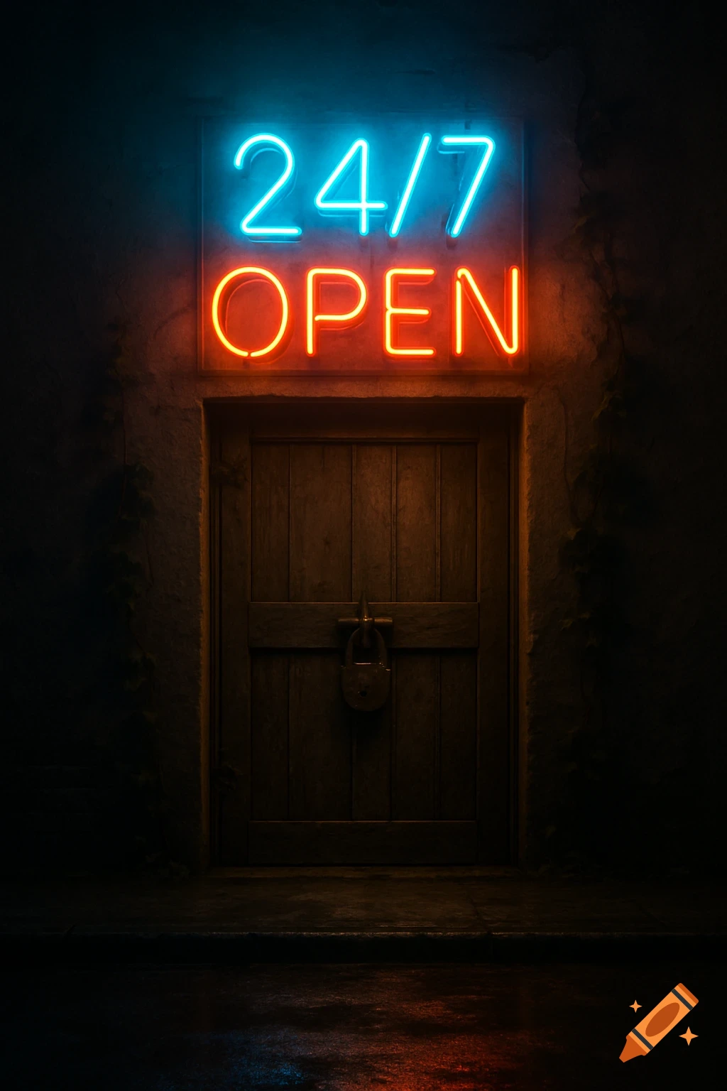 A neon sign in blue and red reads '24/7 OPEN' above a dark, padlocked wooden door, reflecting on a wet street at night.