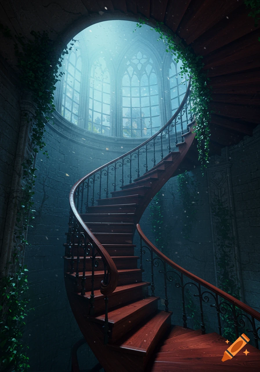 A grand, ivy-covered wooden spiral staircase in a gothic hall, lit by ethereal light from tall arched windows.
