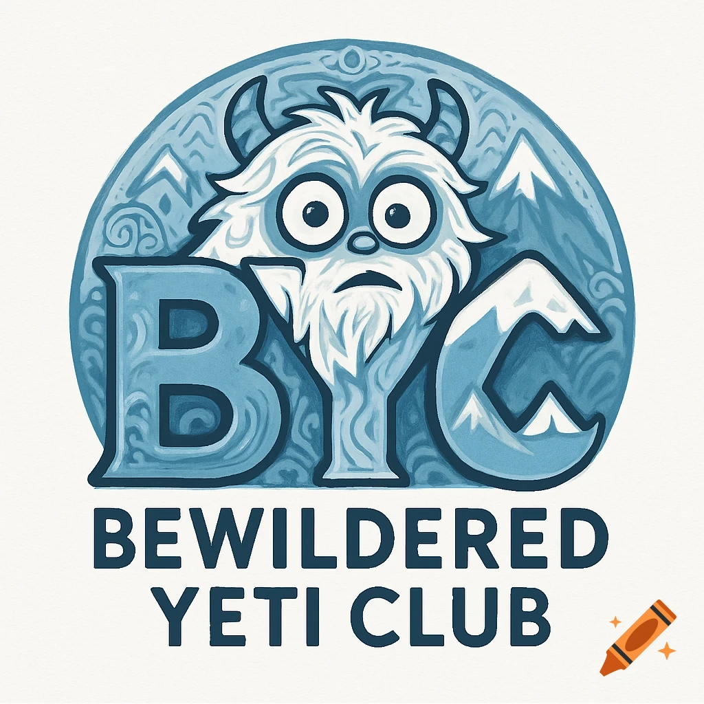 Blue and white cartoon logo of a bewildered yeti head with 'BYC Bewildered Yeti Club' text and mountains.