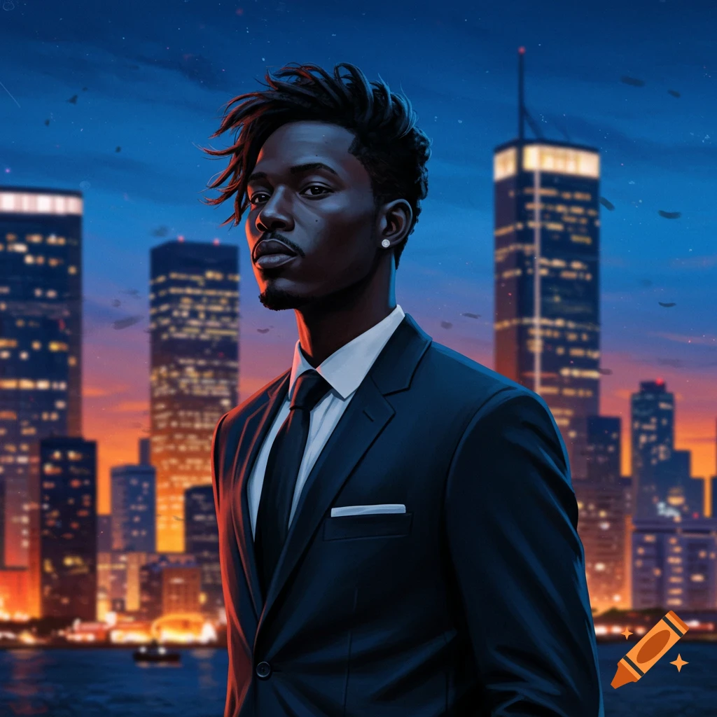 Stylized portrait of a man with dark skin and textured hair in a suit, standing before a city skyline at dusk.