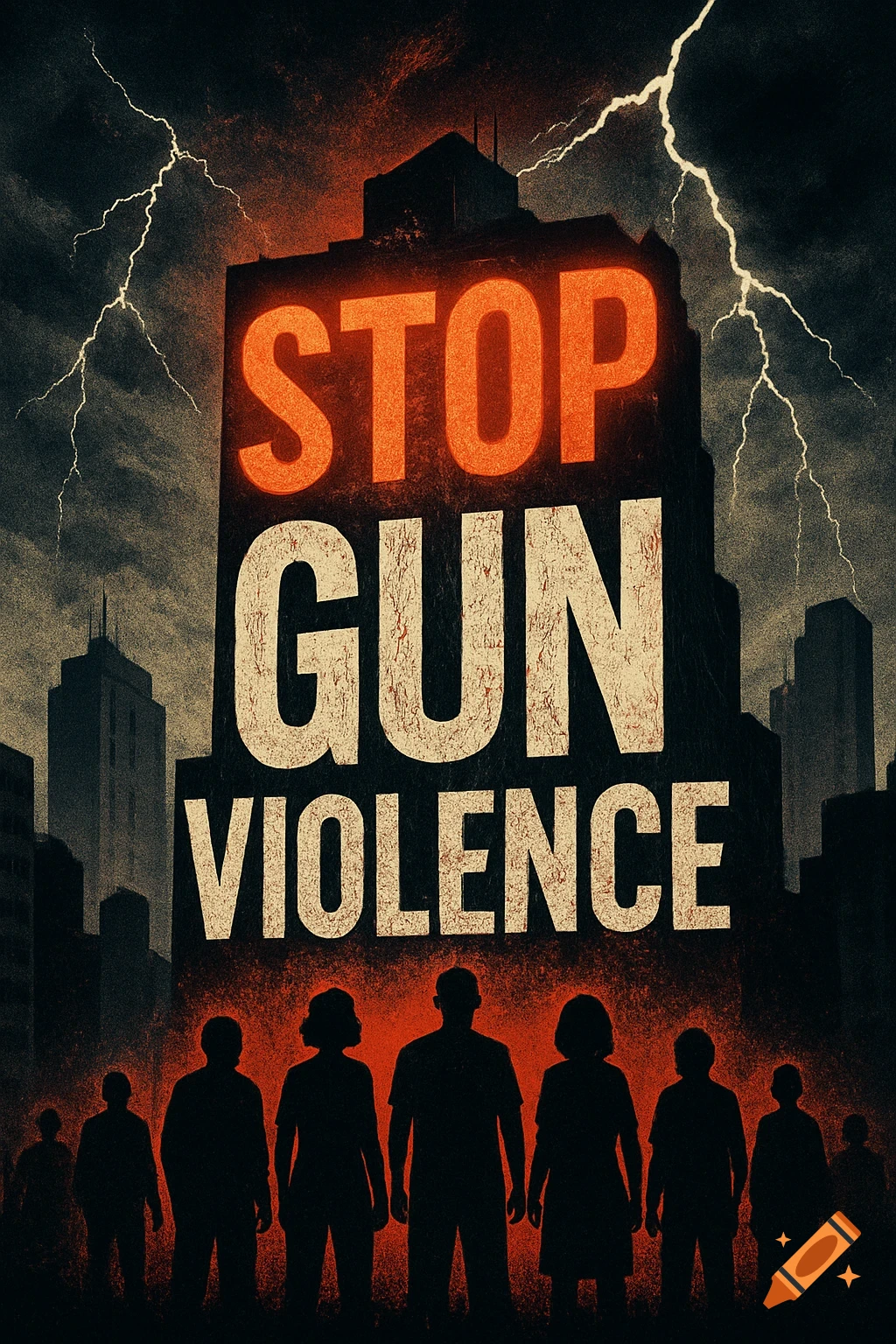 Gritty protest art with 'STOP GUN VIOLENCE' on a glowing building, silhouetted people below stormy skies with lightning.