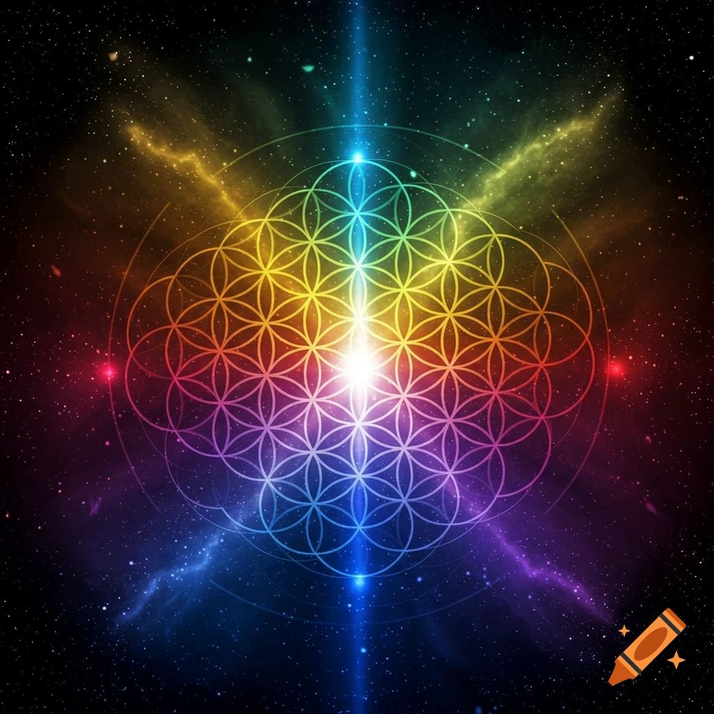 Vibrant rainbow Flower of Life sacred geometry pattern glowing against a starry cosmic background.