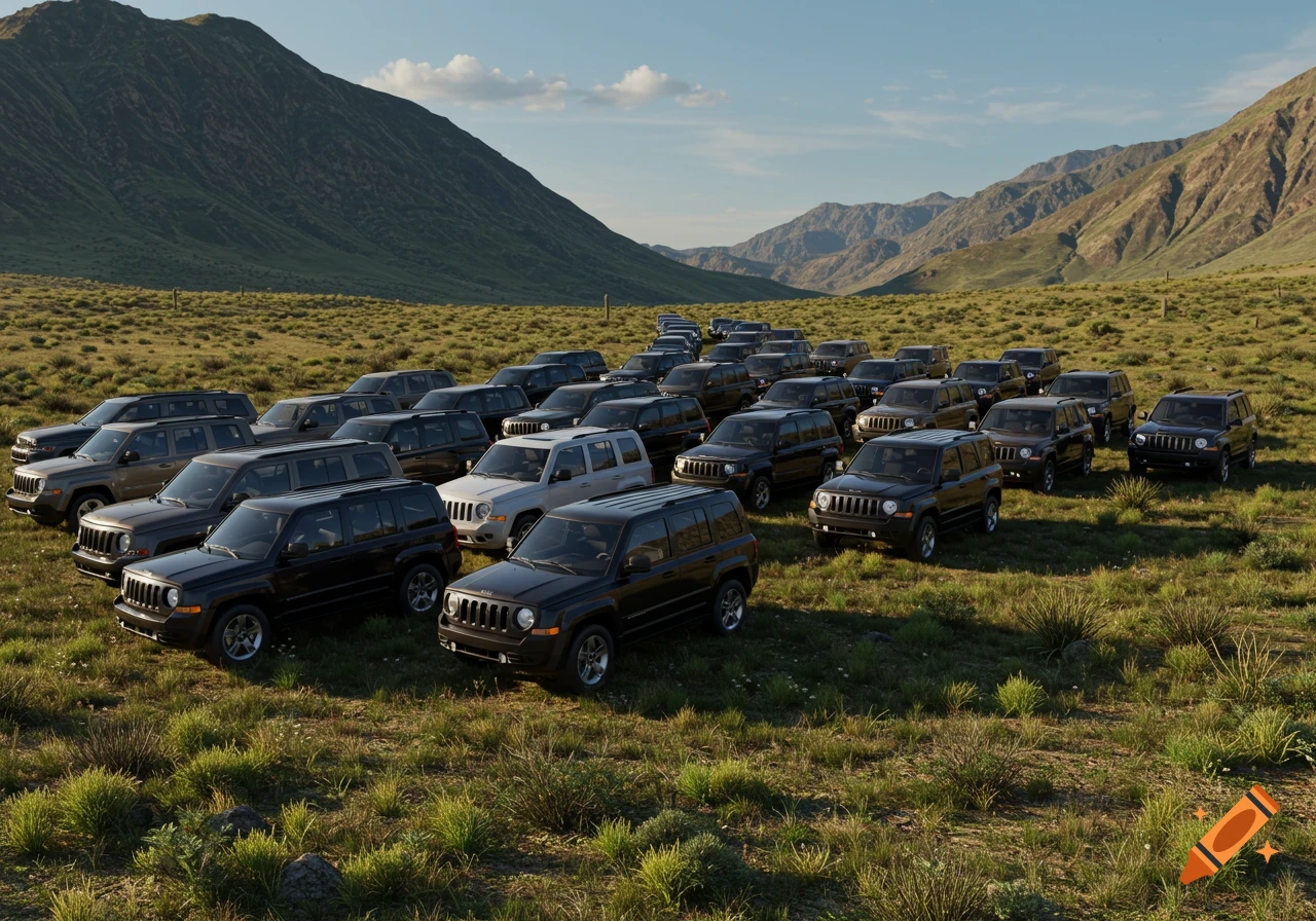 Many Jeep Patriot SUVs are parked in a vast, grassy field with mountains under a clear sky.