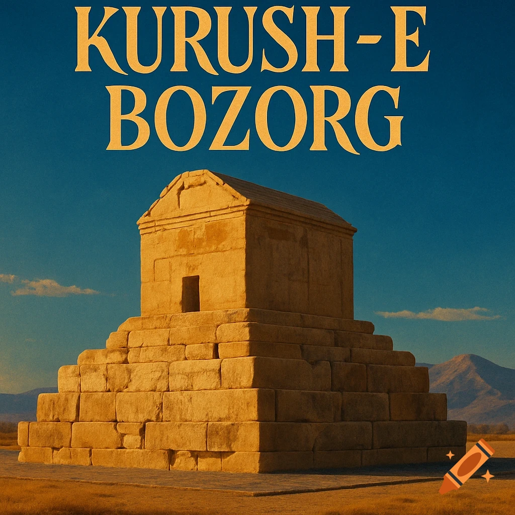 Photorealistic image of the stone Tomb of Cyrus the Great under a blue sky, with the text 'KURUSH-E BOZORG' in golden letters above.