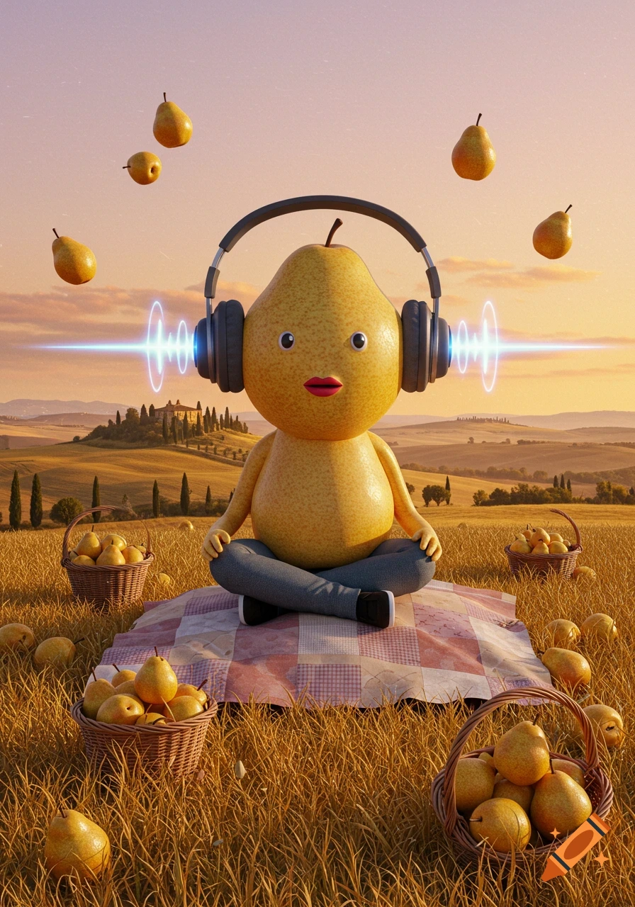 A cartoon pear character with a face and headphones sits cross-legged on a blanket in a golden field, surrounded by baskets of pears, with a Tuscan landscape at sunset.