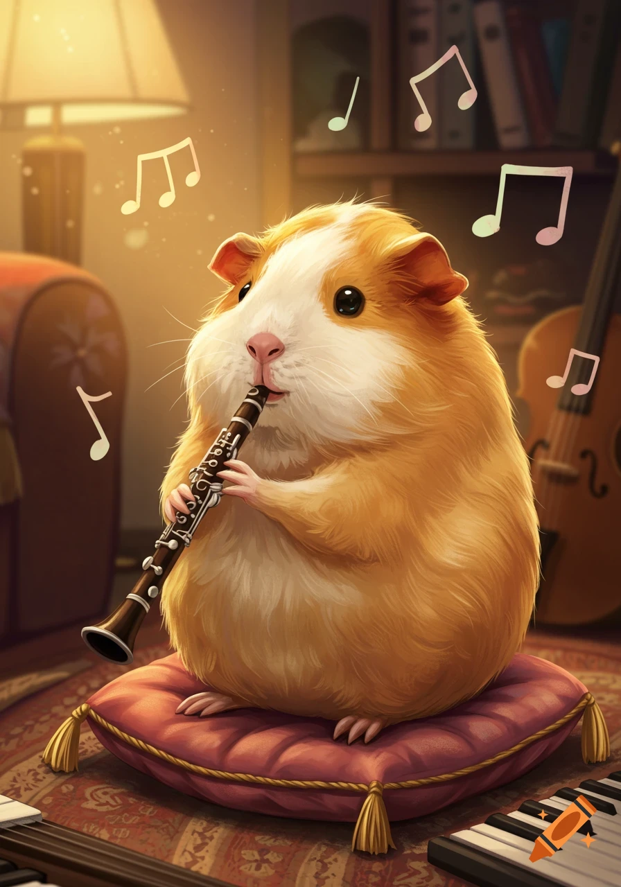 A fluffy orange and white guinea pig playing a clarinet on a red pillow, surrounded by musical notes in a cozy room.