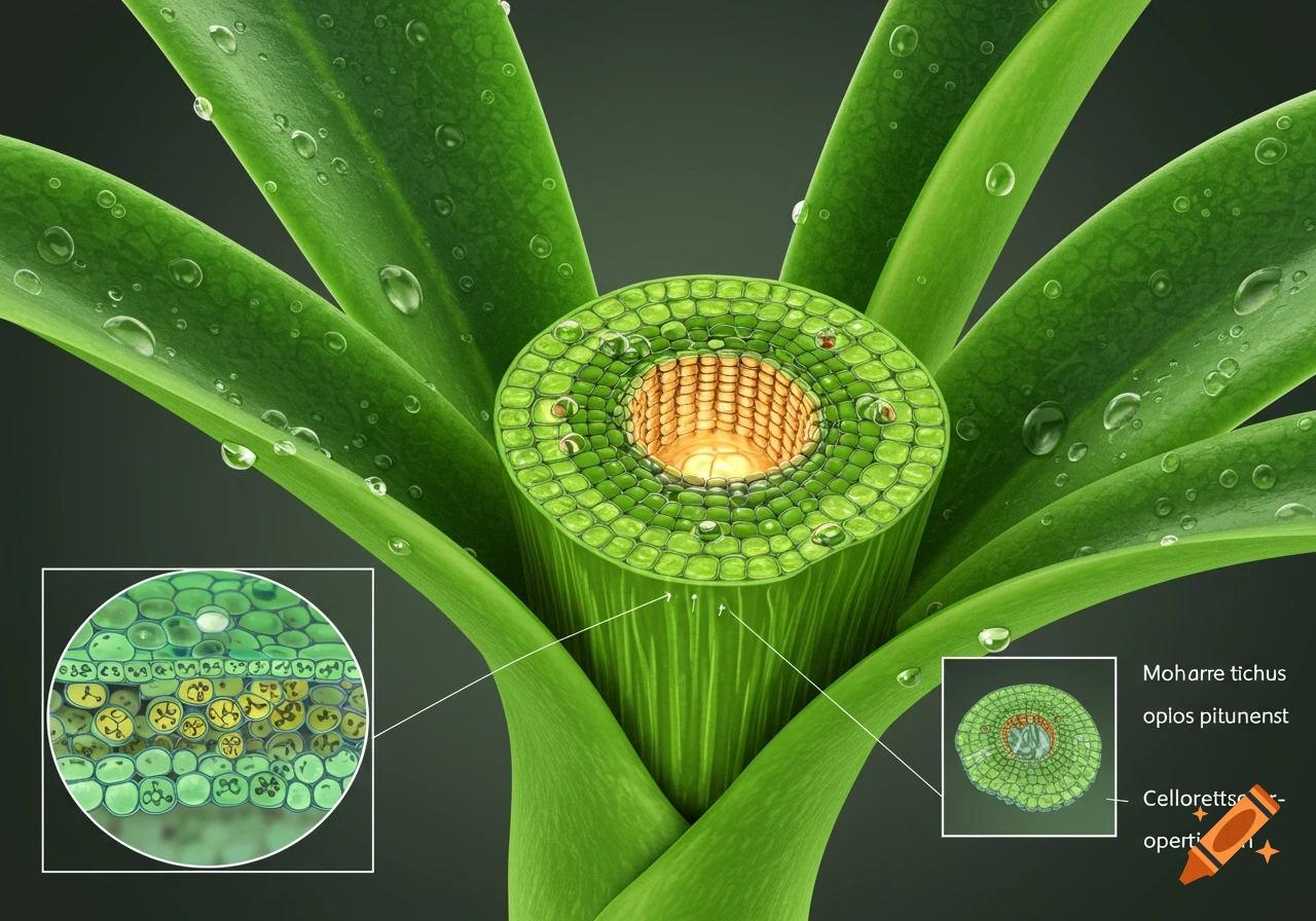 Detailed illustration of a green plant stem's cross-section with magnified cellular views and water droplets on leaves.