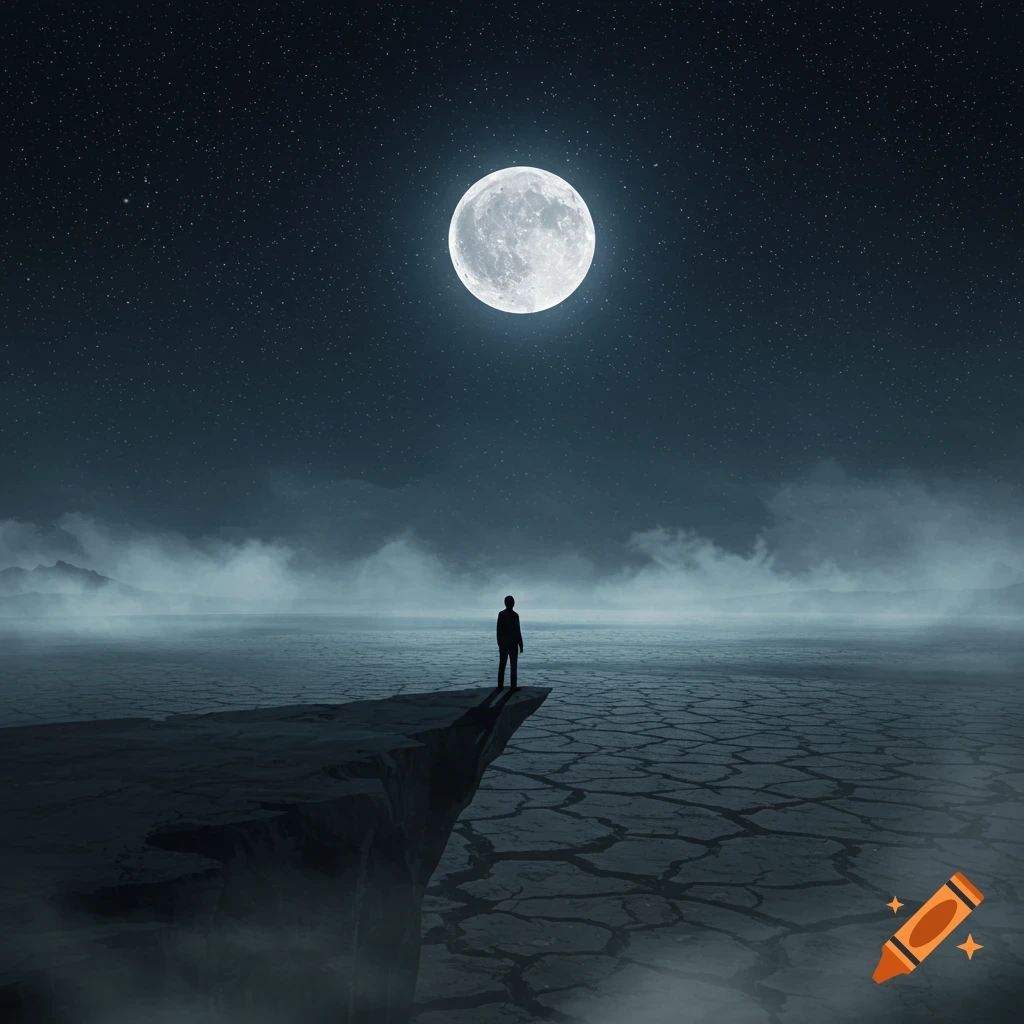 A lone person stands on a cliff overlooking a cracked, misty landscape under a large full moon and starry night sky.