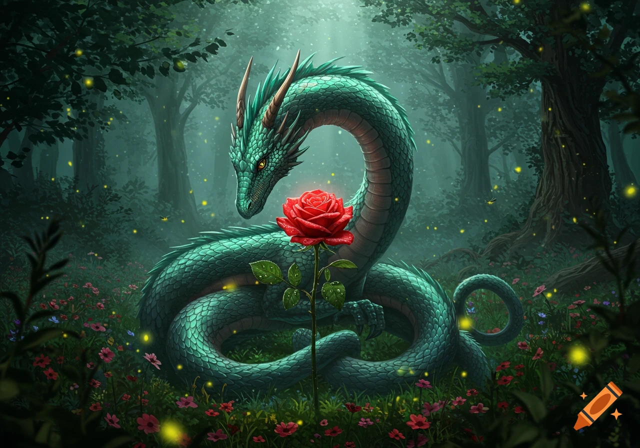 A green dragon with horns gazes at a single red rose in a mystical, misty forest with fireflies.