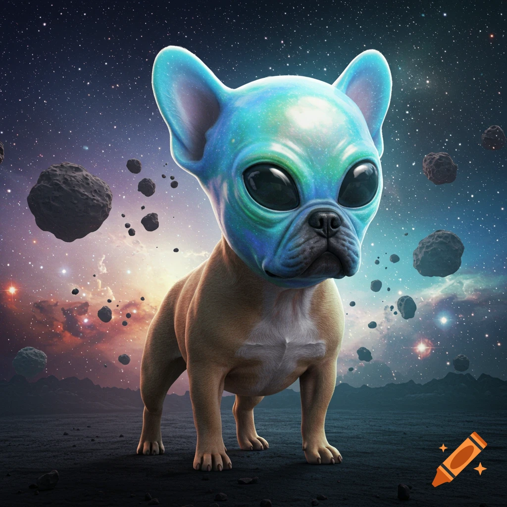A cute French bulldog with a glowing blue alien head stands on a dark planet surface, surrounded by asteroids and a vibrant starry galaxy.