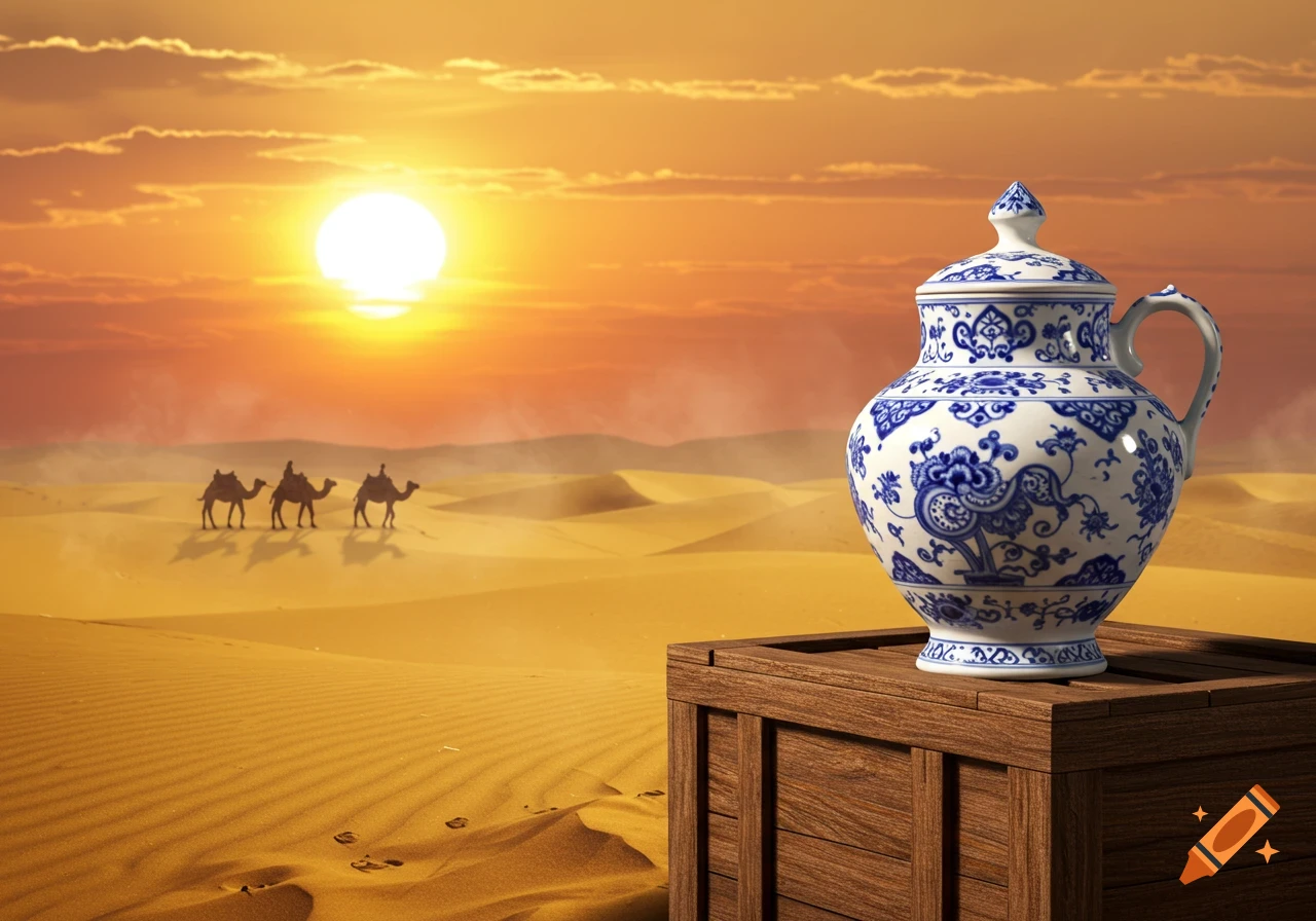 A blue and white porcelain jar on a wooden crate in a desert at sunset, with camels in the distance.