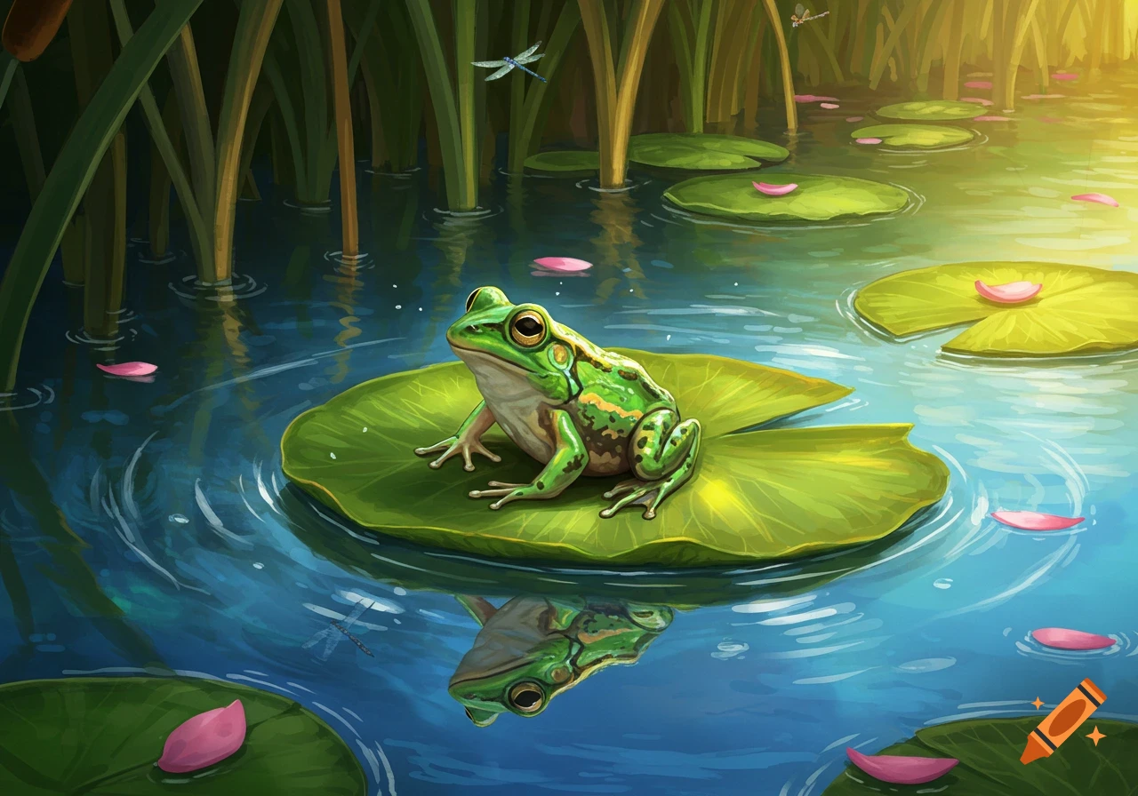 Vibrant illustration of a green frog sitting on a lily pad in a pond with reeds and dragonflies.