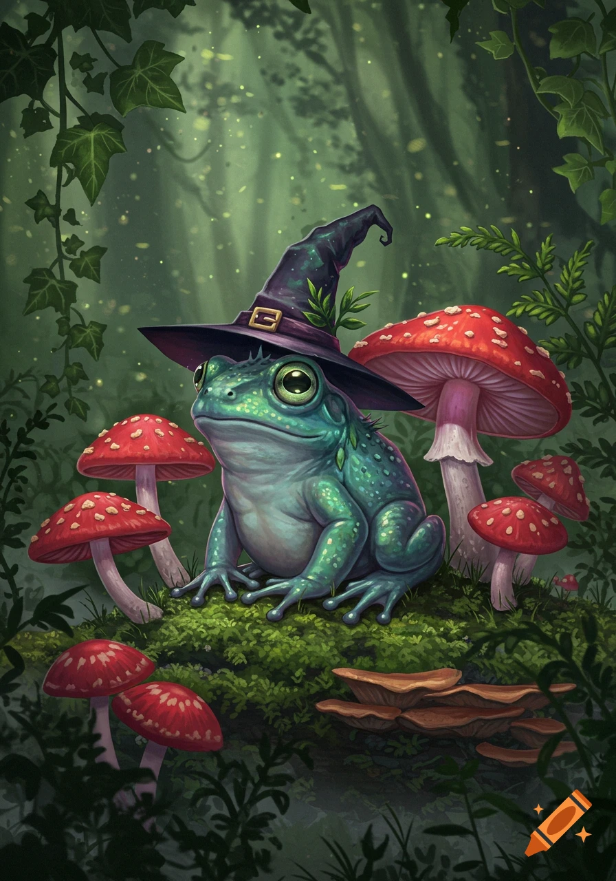 A teal-green frog in a purple witch hat sits on moss with red mushrooms in a whimsical, glowing forest illustration.