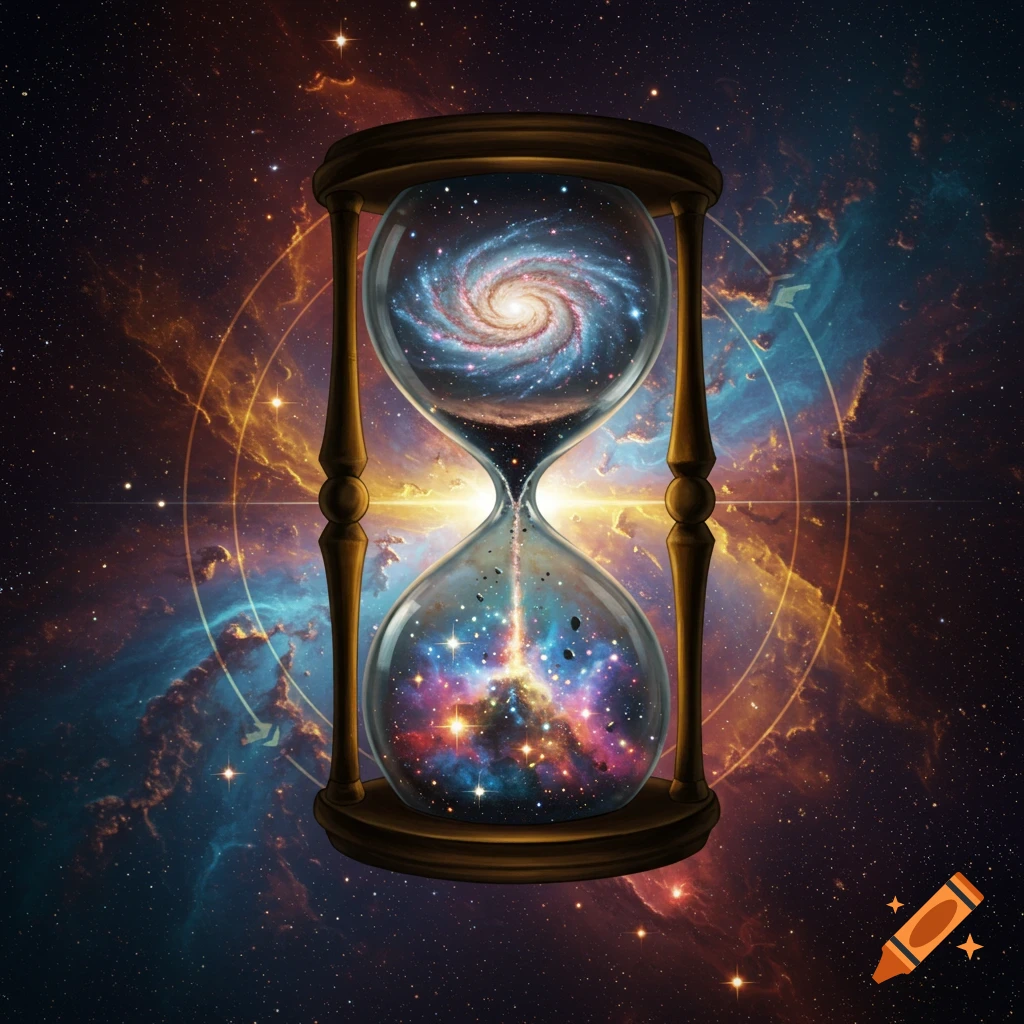 Majestic hourglass with a spiral galaxy in the top, cosmic dust in the bottom, set against a vibrant space nebula background.