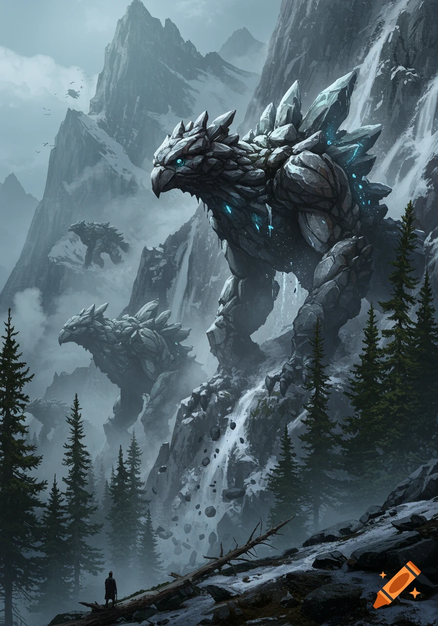 Giant rock bird-like monsters with glowing blue eyes and crystals on their backs march down a snowy, misty mountain as a small figure watches.