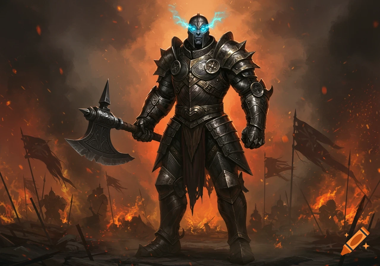 Heavily armored warrior with glowing blue eyes holds a large axe on a fiery battlefield.