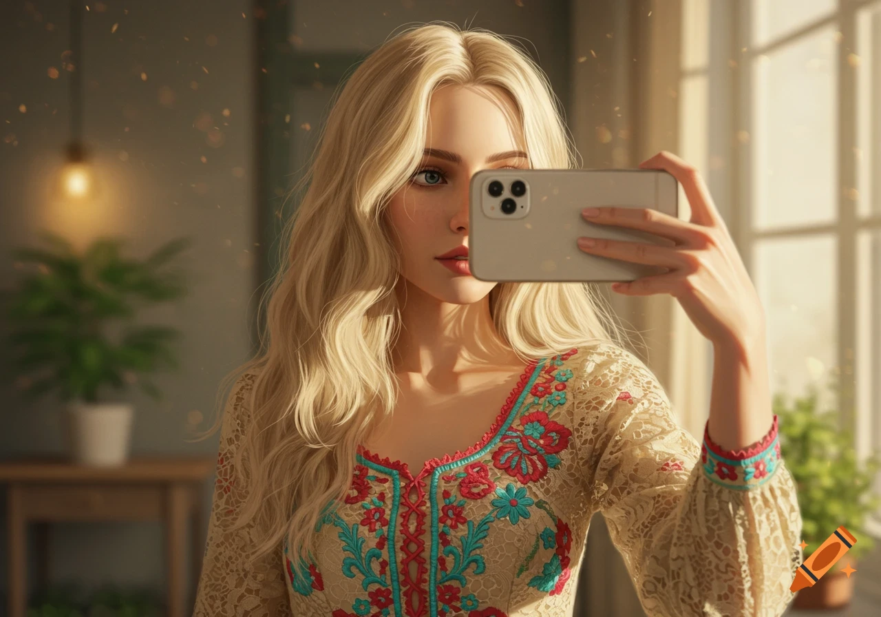 Blonde woman in a beige embroidered dress taking a selfie with a phone, featuring a soft, blurry background.