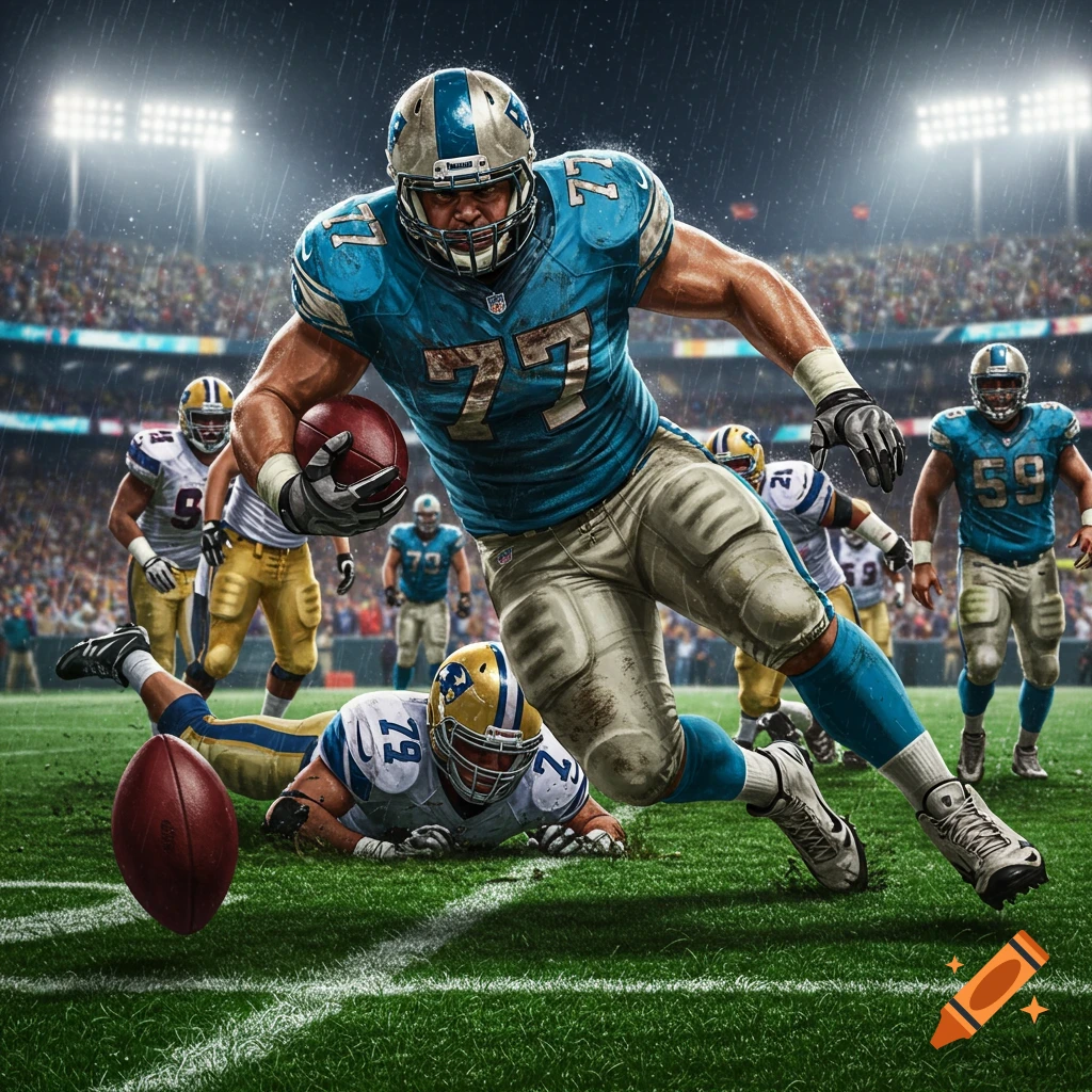 Photorealistic image of a football player in a blue jersey running with the ball on a rainy night, with other players on the field and one on the ground near a fumbled ball.
