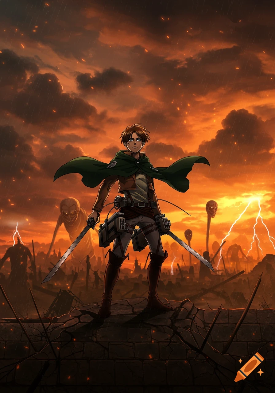 Eren Yeager from Attack on Titan stands with swords in a ruined city under a stormy orange sky with titans and lightning.