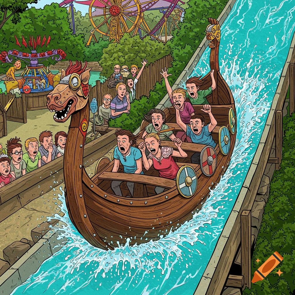 Comic illustration of people screaming on a Viking boat water ride at an amusement park with other rides in the background.