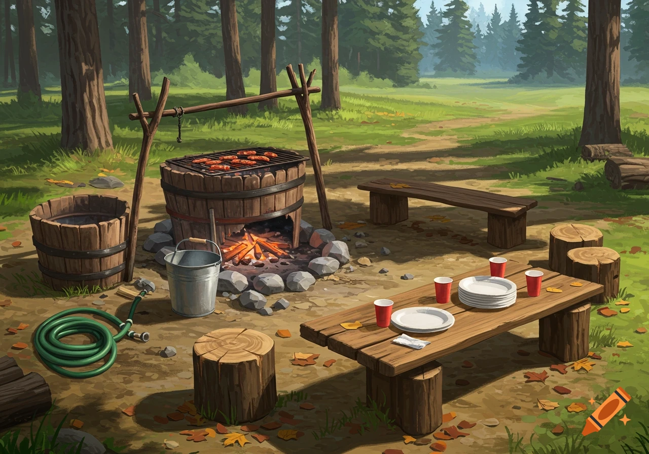 An outdoor kitchen in a forest clearing with a barrel grill, plates, cups, and log seats, in an illustrative style.