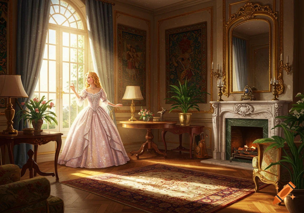 A fairytale princess in a shimmering gown stands by a large arched window in an opulent, sunlit room.