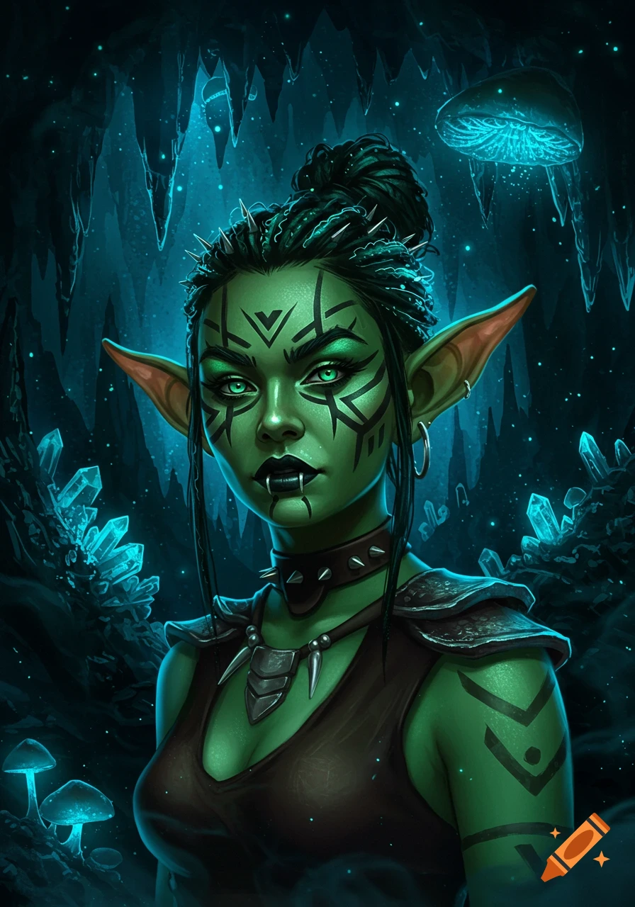 A green-skinned fantasy character with large ears, intricate face paint, and spikes, wearing armor, in a glowing crystal cave.