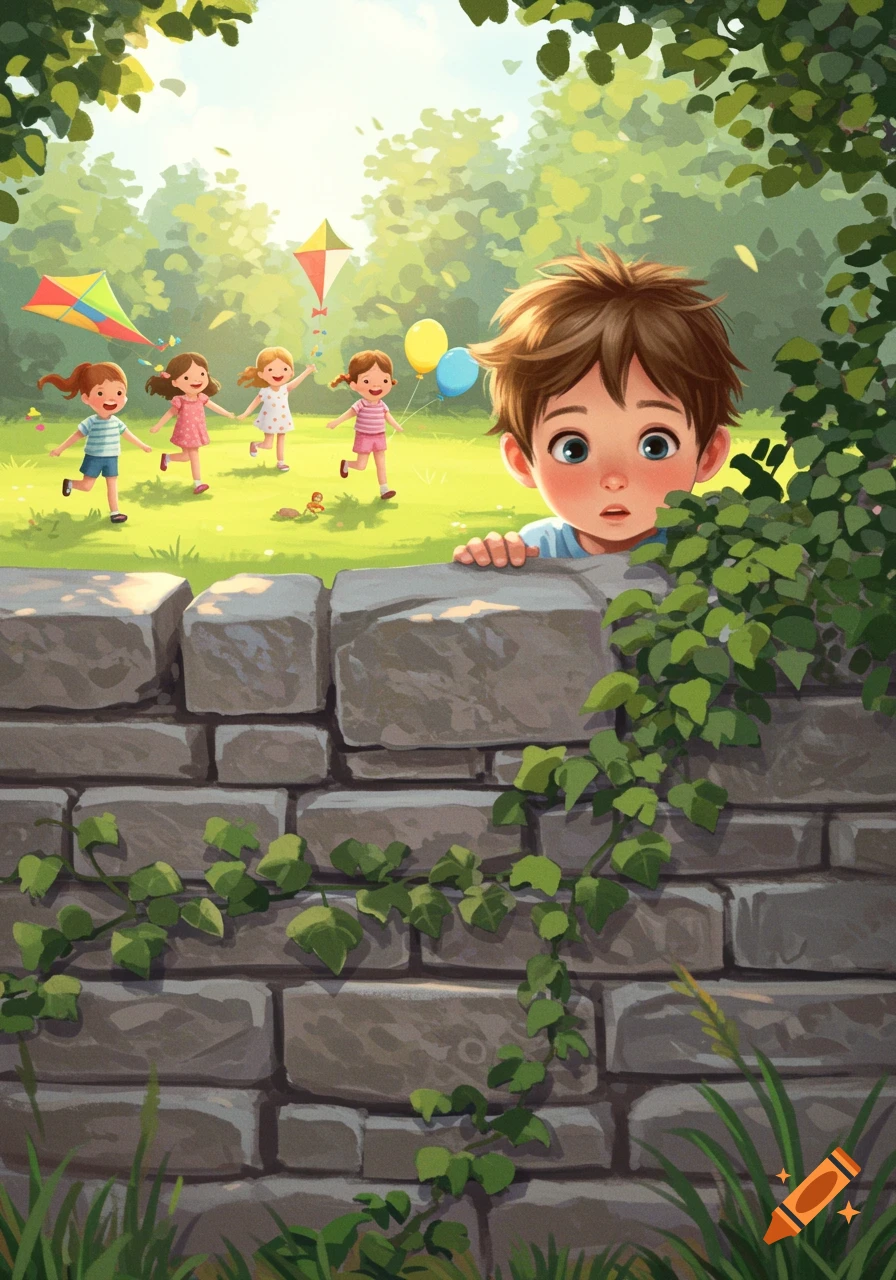 A wide-eyed boy peeking over a stone wall, watching four girls play with colorful kites and balloons in a sunny, green park. Illustrated style.