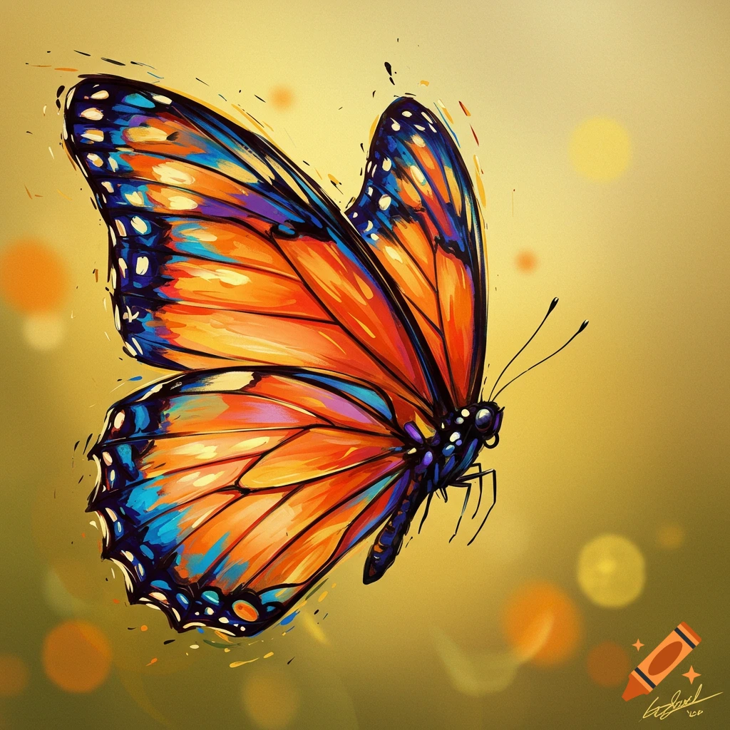 A vibrant, painterly butterfly with orange, blue, and purple wings and black outlines, on a golden background.