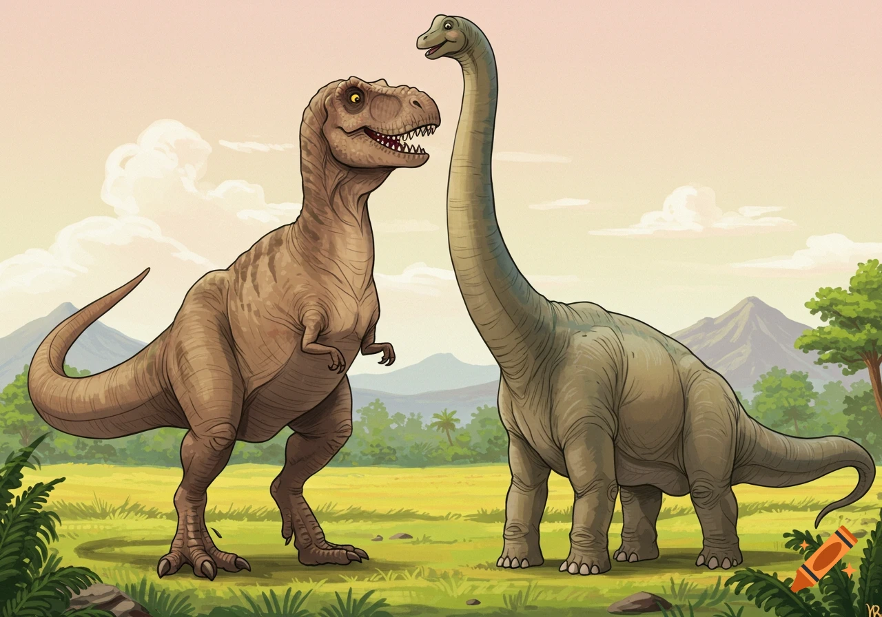 An illustration of a brown T. rex and a green Brachiosaurus standing in a grassy field with mountains in the background.