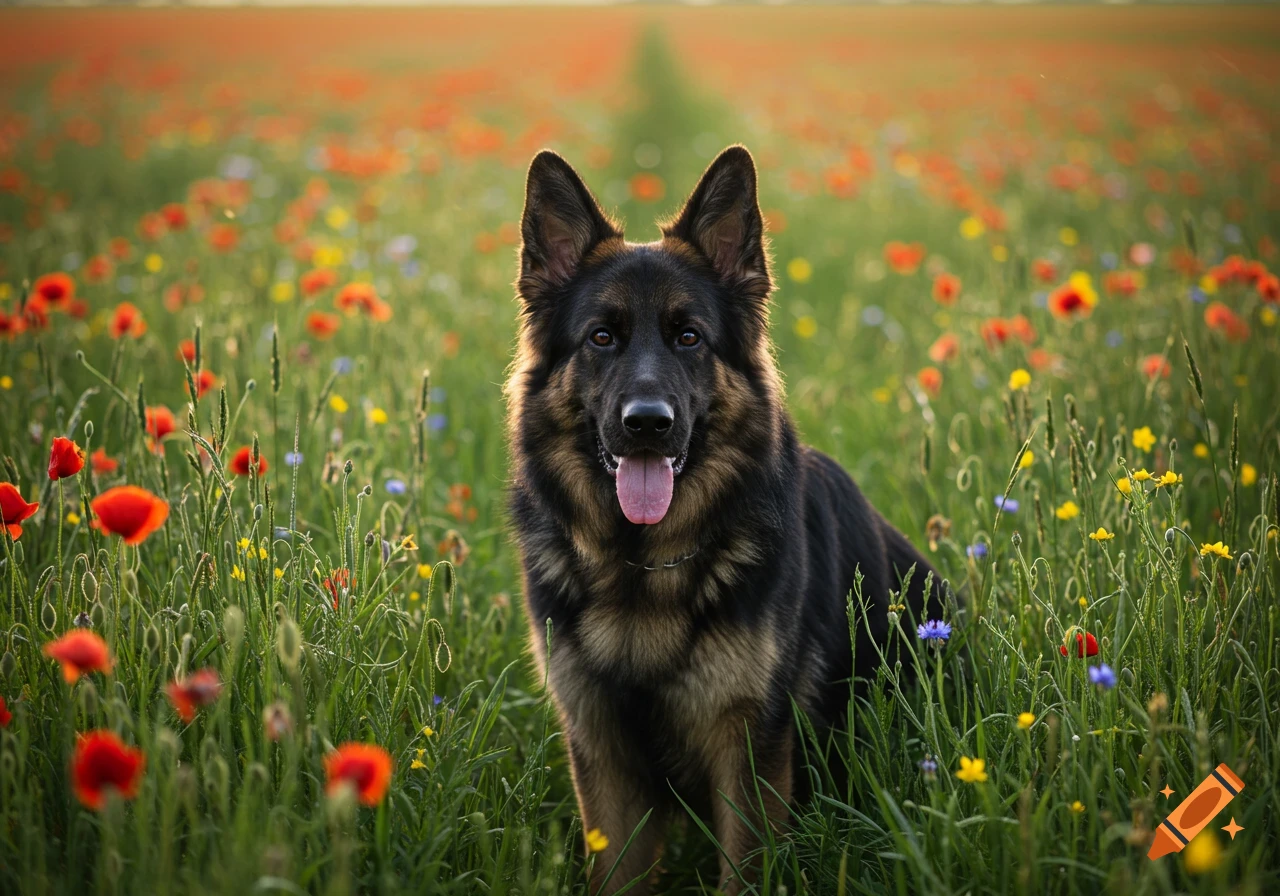 A German Shepherd dog stands in a field of red and yellow flowers, looking at the camera. Photorealistic.