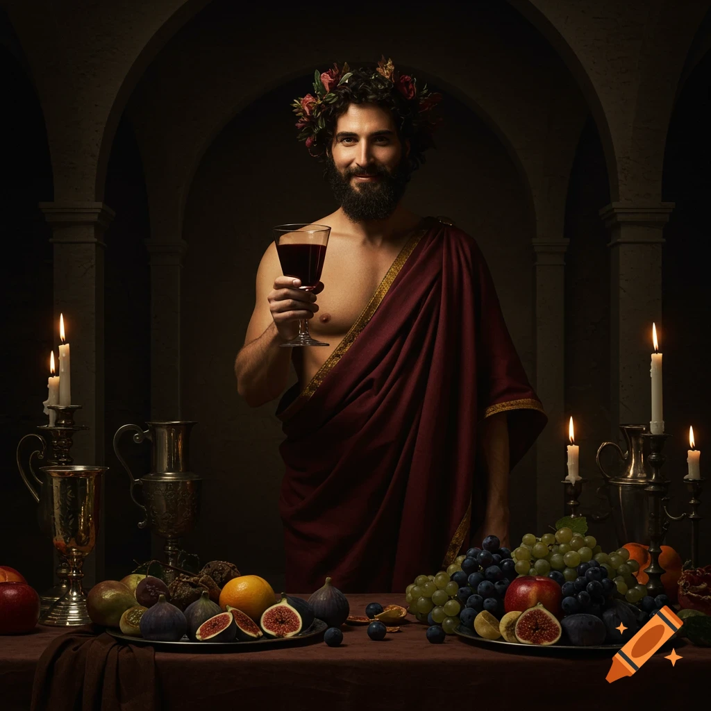 A smiling man, resembling Dionysus, in a toga holds a glass of wine at a candlelit table with fruit, in a classical, photorealistic style.