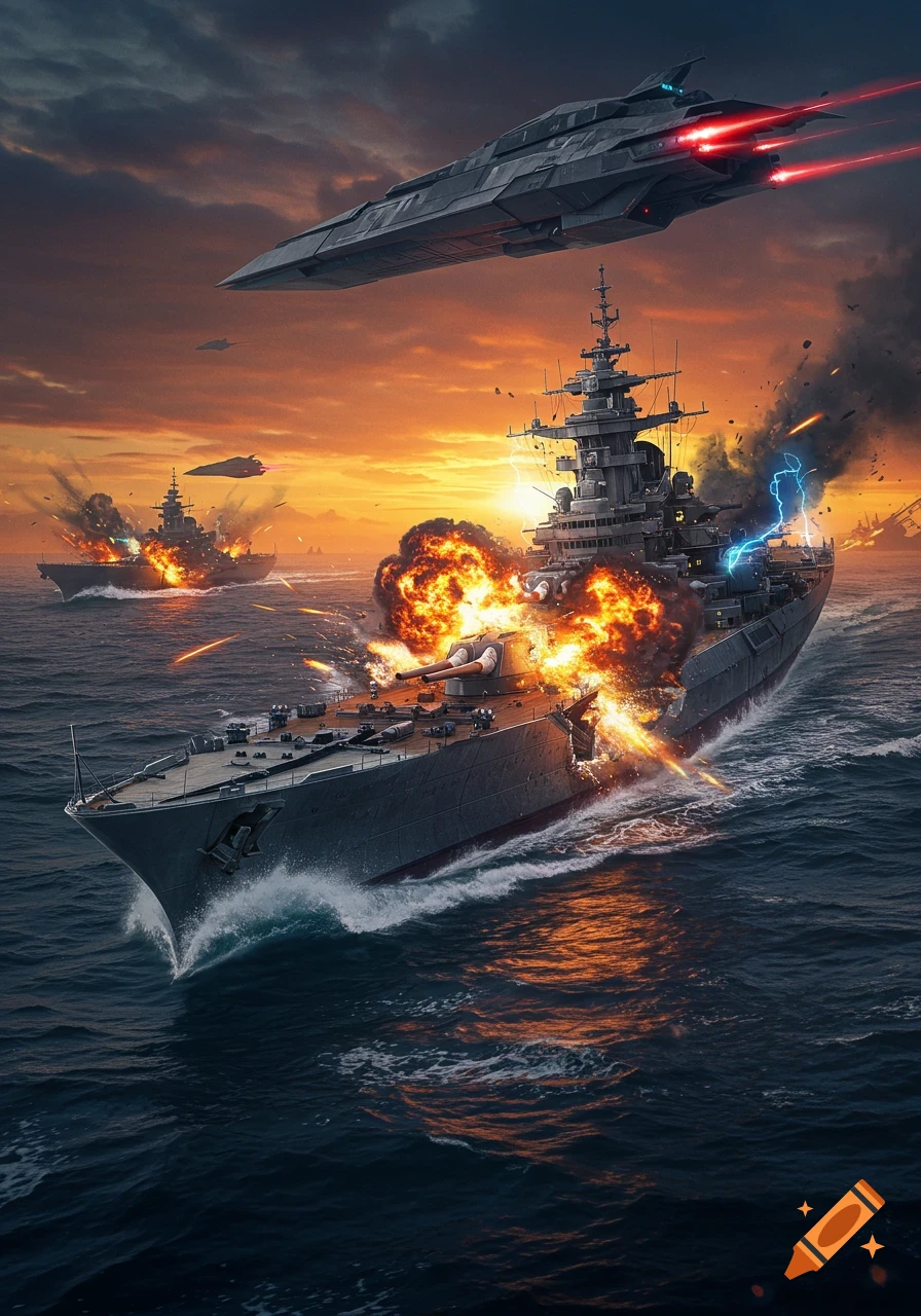 A futuristic naval battle at sunset, with battleships exploding on fiery orange seas, and a sleek spaceship flying overhead.