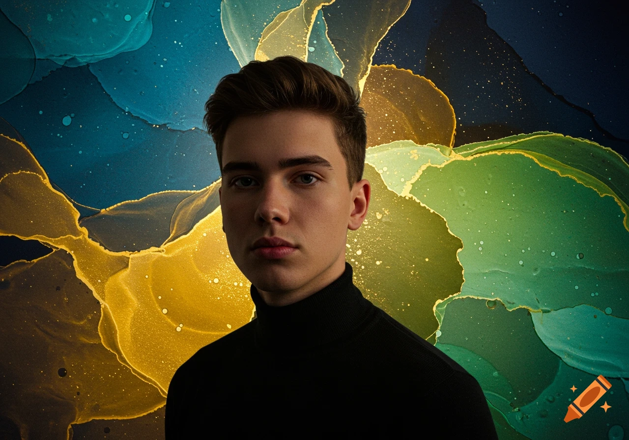 Portrait of a young man in a black turtleneck against a vibrant, swirling abstract background in blue, gold, and green.