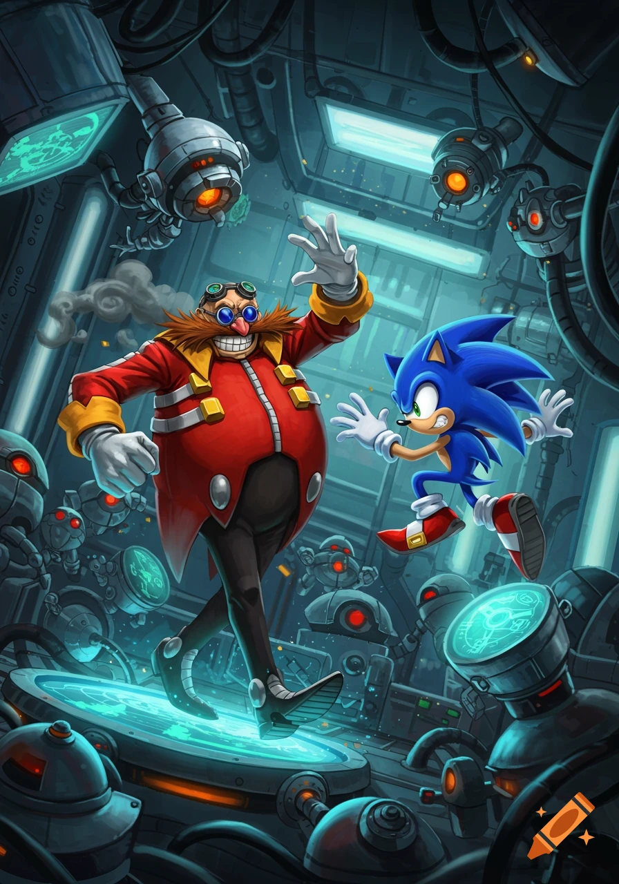 Cartoon illustration of Dr. Eggman smirking and Sonic the Hedgehog running in a futuristic, robot-filled lab.