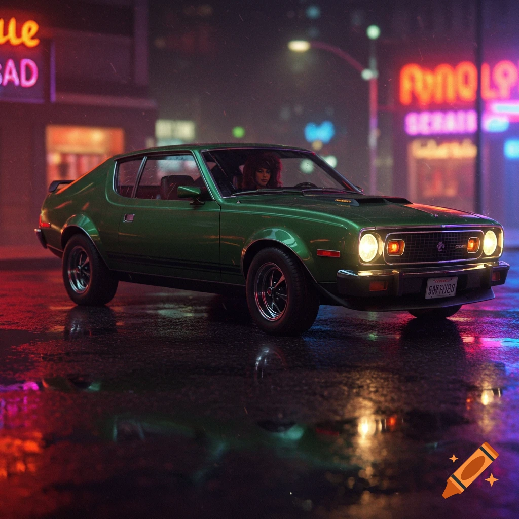 A green vintage AMC car with a female driver on a wet city street at night, lit by neon signs.