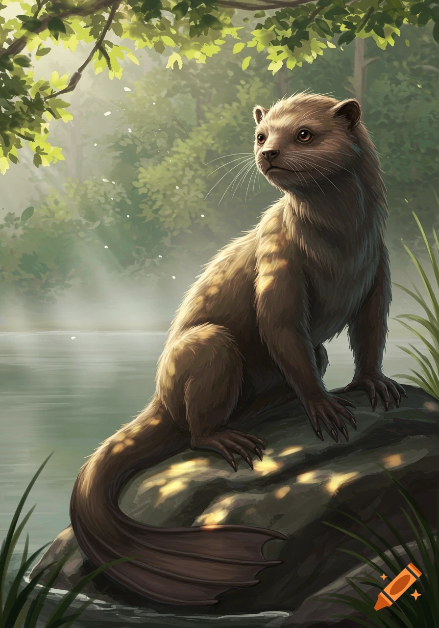 A fantasy creature resembling an otter with a webbed tail sits on a rock by a river in a sun-dappled forest.
