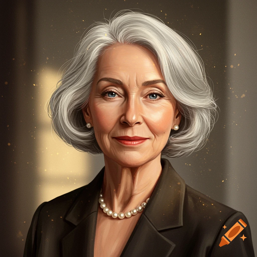 A detailed portrait illustration of an older woman with short grey hair, blue eyes, red lipstick, wearing pearl earrings, a pearl necklace, and a black suit jacket.
