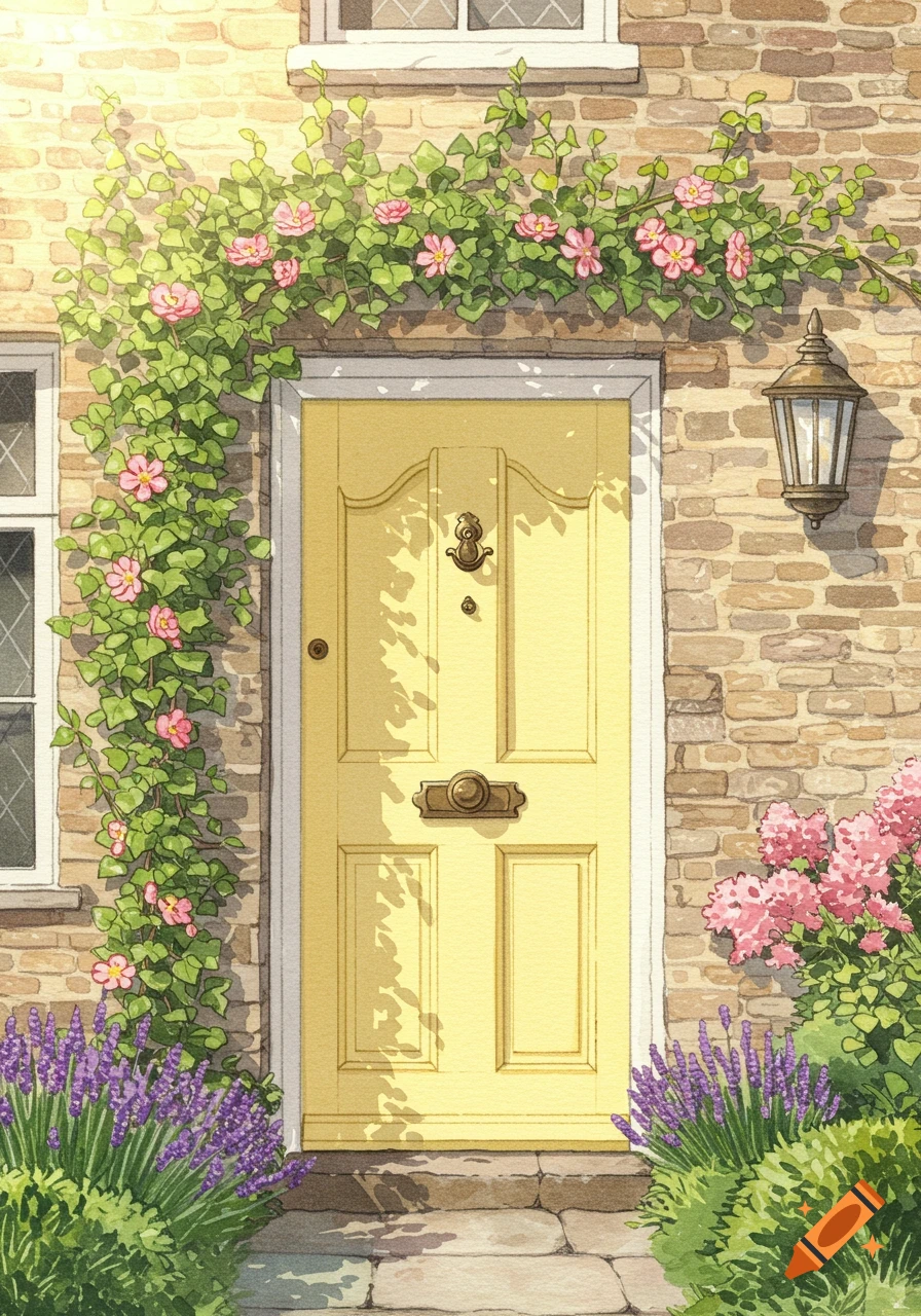 A vibrant yellow door on a brick cottage, surrounded by pink climbing roses, green vines, and purple lavender in a watercolor style.