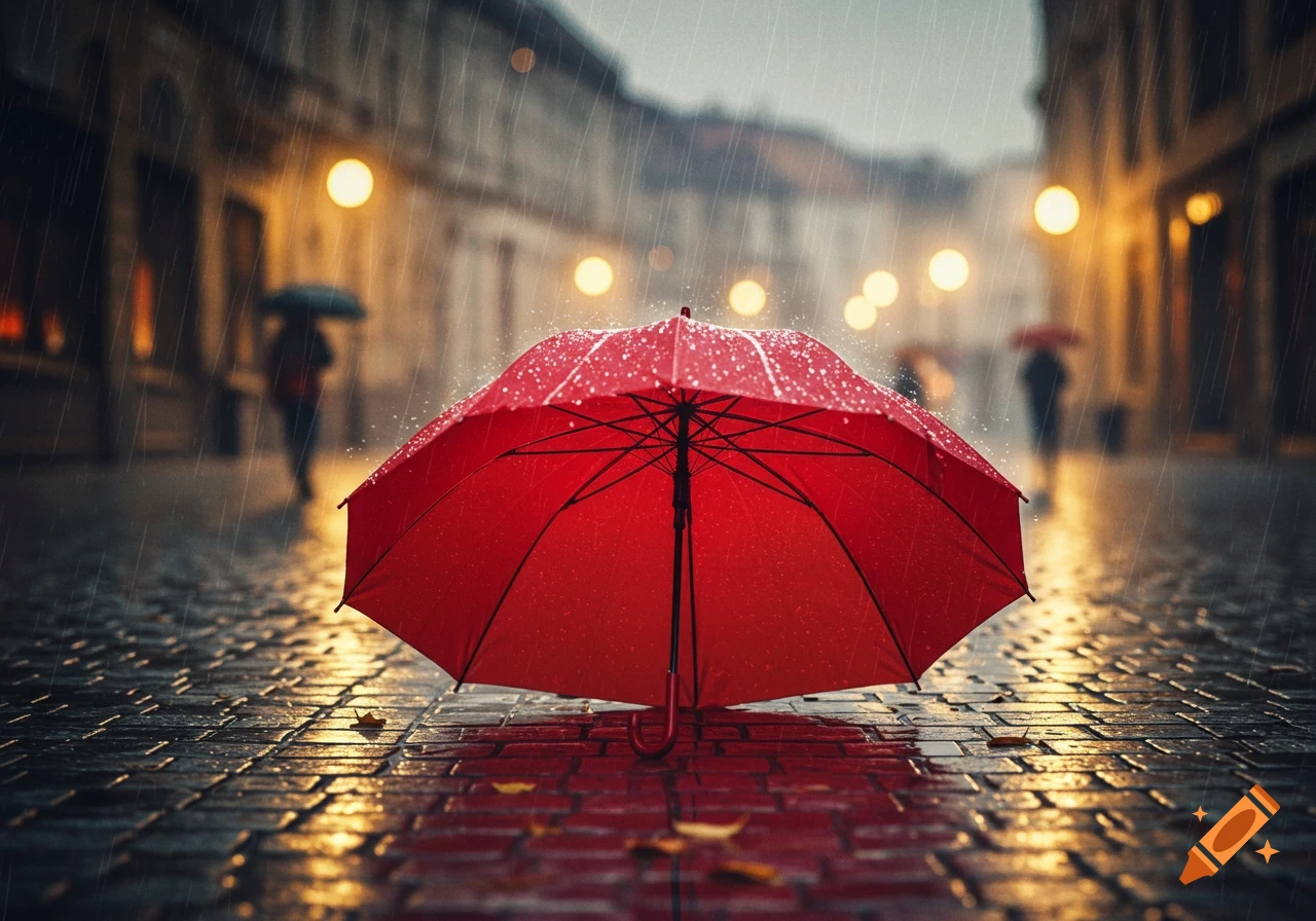 A vibrant red umbrella lies open on a wet, cobblestone street, reflecting the glow of blurred city lights during a rainy night. Figures with umbrellas are visible in the background.