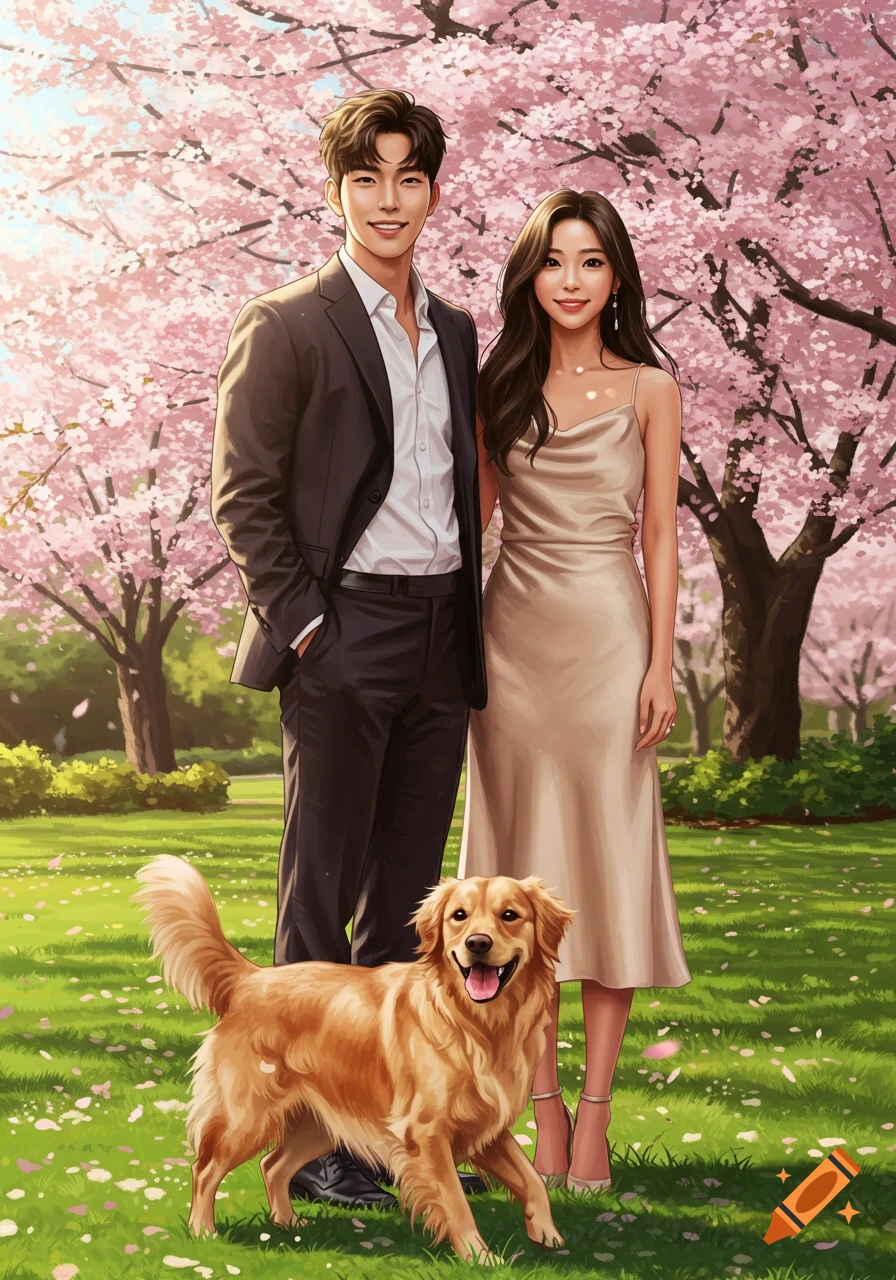 An illustrated Korean couple and a golden retriever smile in a park filled with pink cherry blossoms.