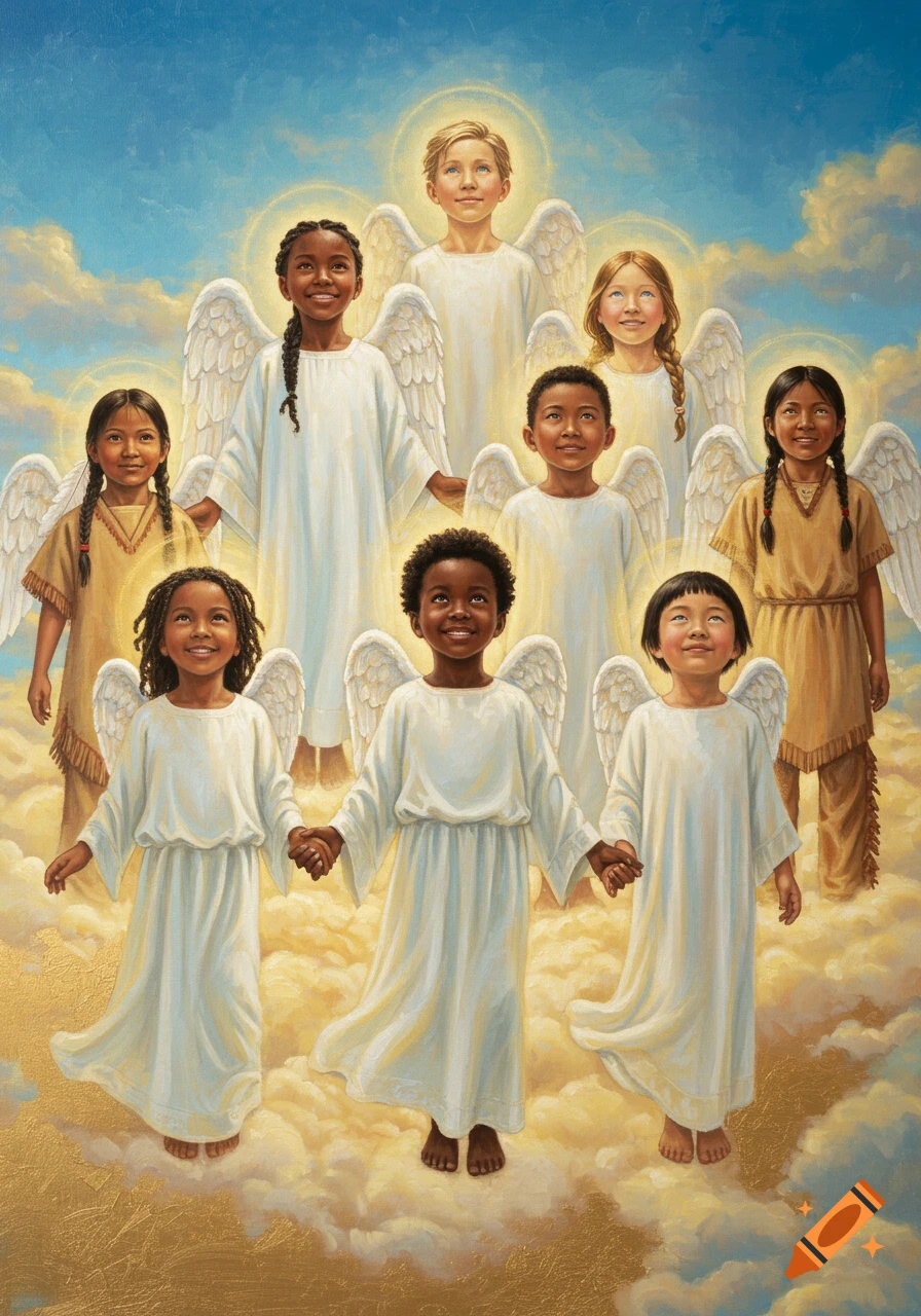 Oil painting of eight diverse angelic children floating on a glowing golden cloud under a serene blue sky.