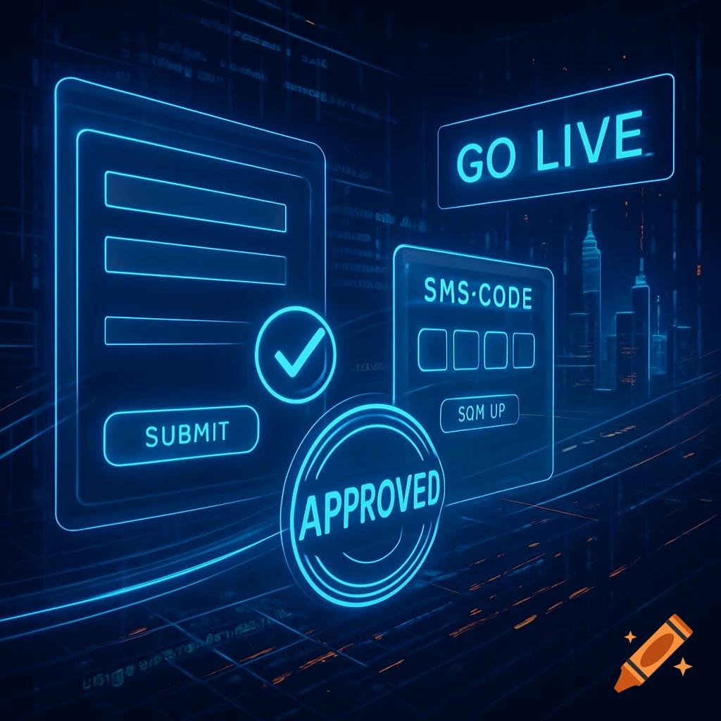 A neon blue digital interface showing a form with a 'SUBMIT' button, 'GO LIVE' sign, 'SMS CODE' input, and an 'APPROVED' stamp.