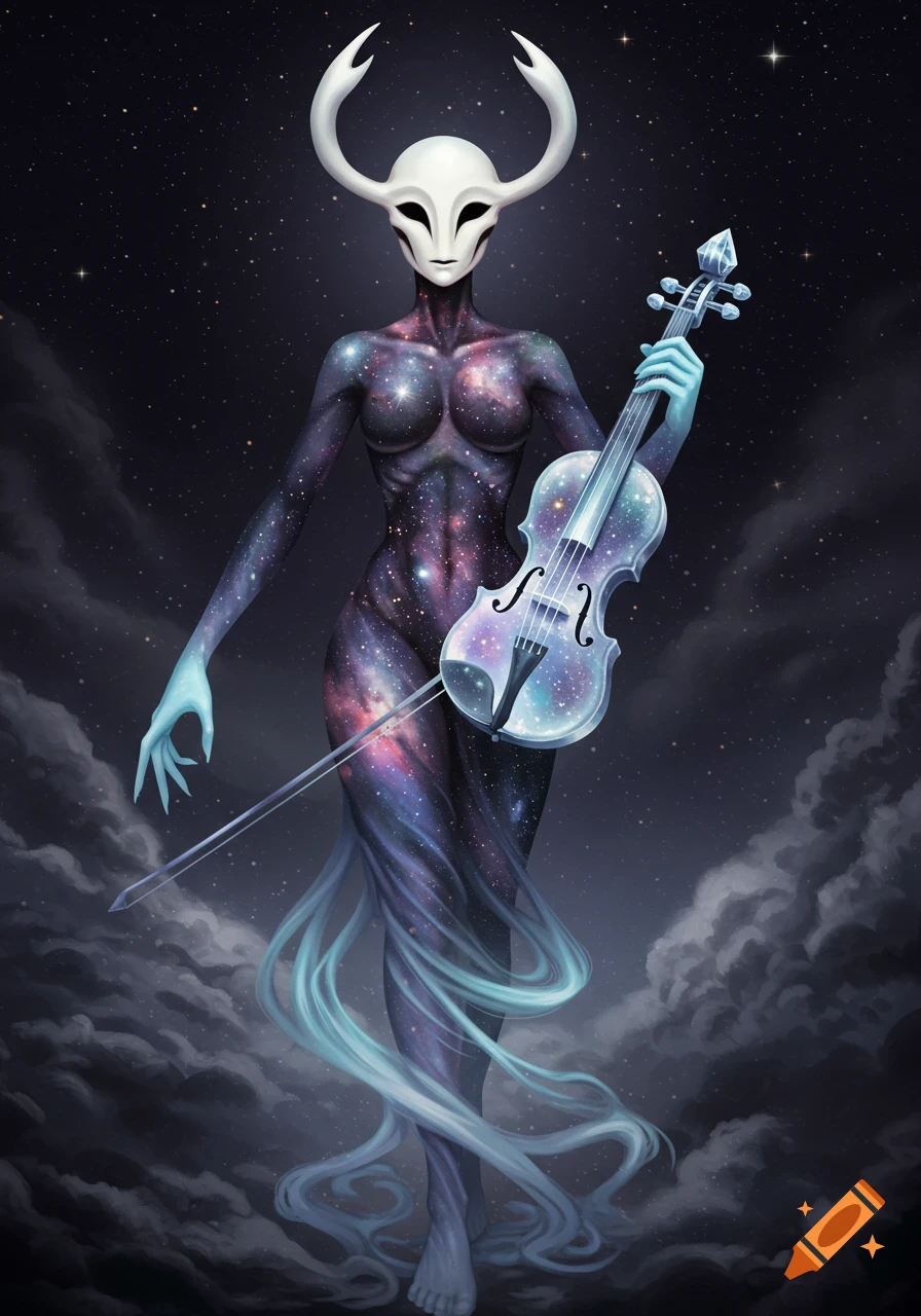 A spectral cosmic figure with a white mask and horns, holding a glowing crystal violin and bow. Its body is a galaxy of stars and nebulae, with flowing ethereal fabric around its legs. The background is a starry night sky with dark clouds.