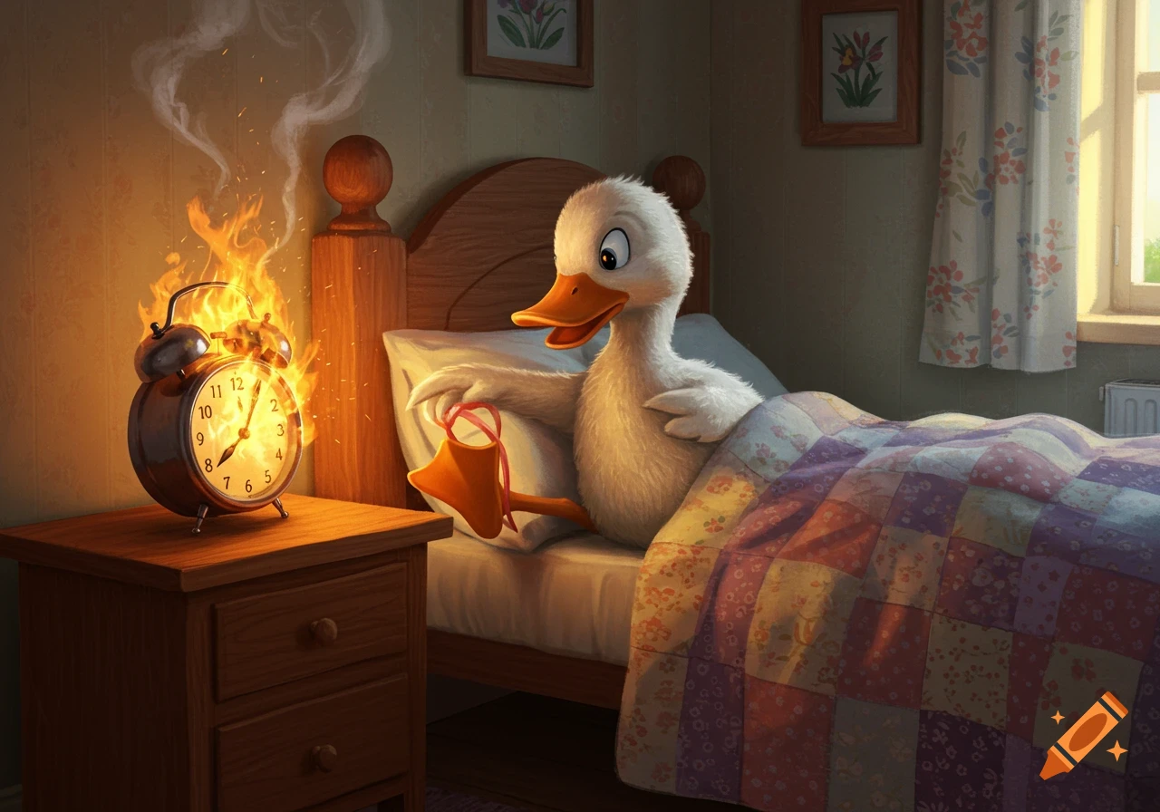 A cartoon duck in bed reacts to a flaming alarm clock on a nightstand, holding a flip-flop.