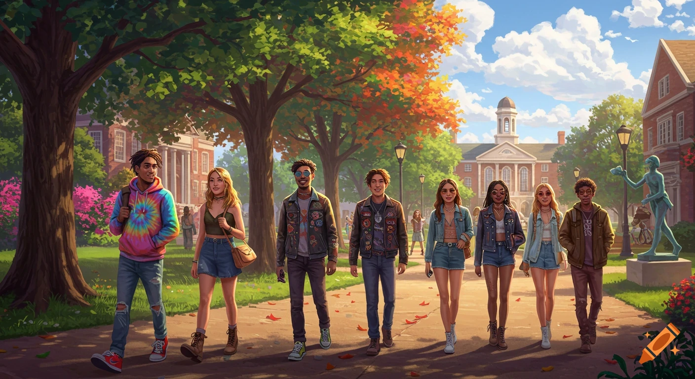 Eight diverse students in bold outfits walk along a path on a vibrant college campus with trees and classic brick buildings.