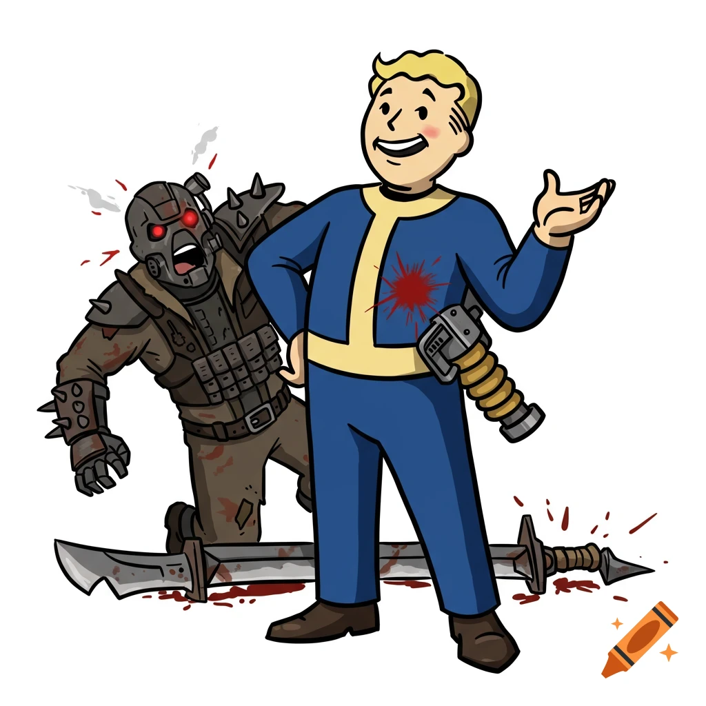 Cartoon illustration of Vault Boy smiling confidently with a small blood stain on his chest, standing over a defeated raider and a broken sword.